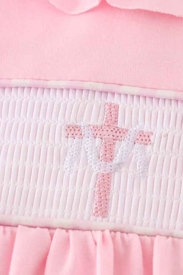 PINK EASTER CROSS EMBROIDERY SMOCKED GIRL DRESS