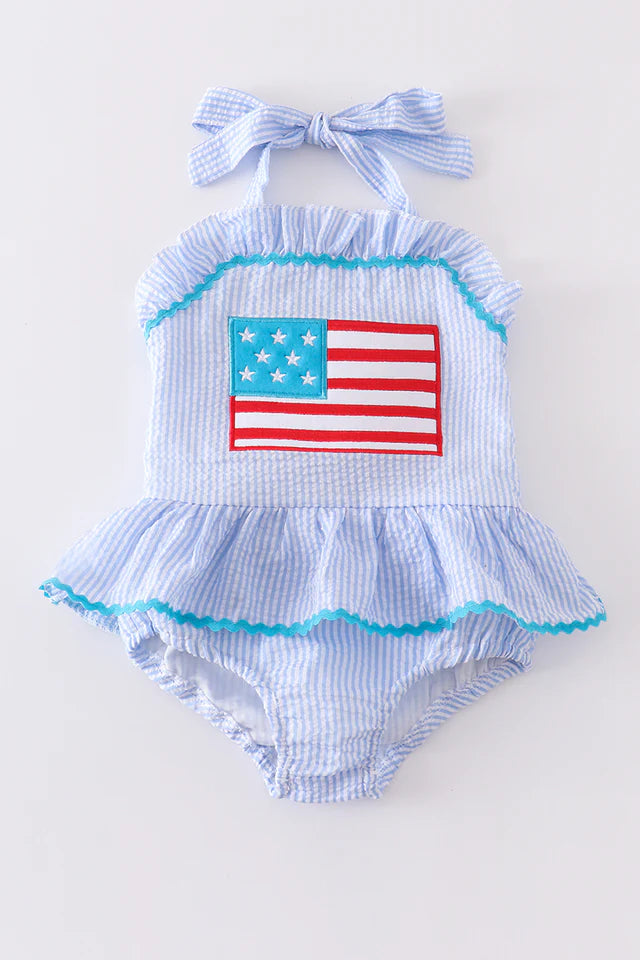BLUE PATRIOTIC FLAG APPLIQUE SEERSUCKER ONE-PIECE GIRL SWIMSUIT