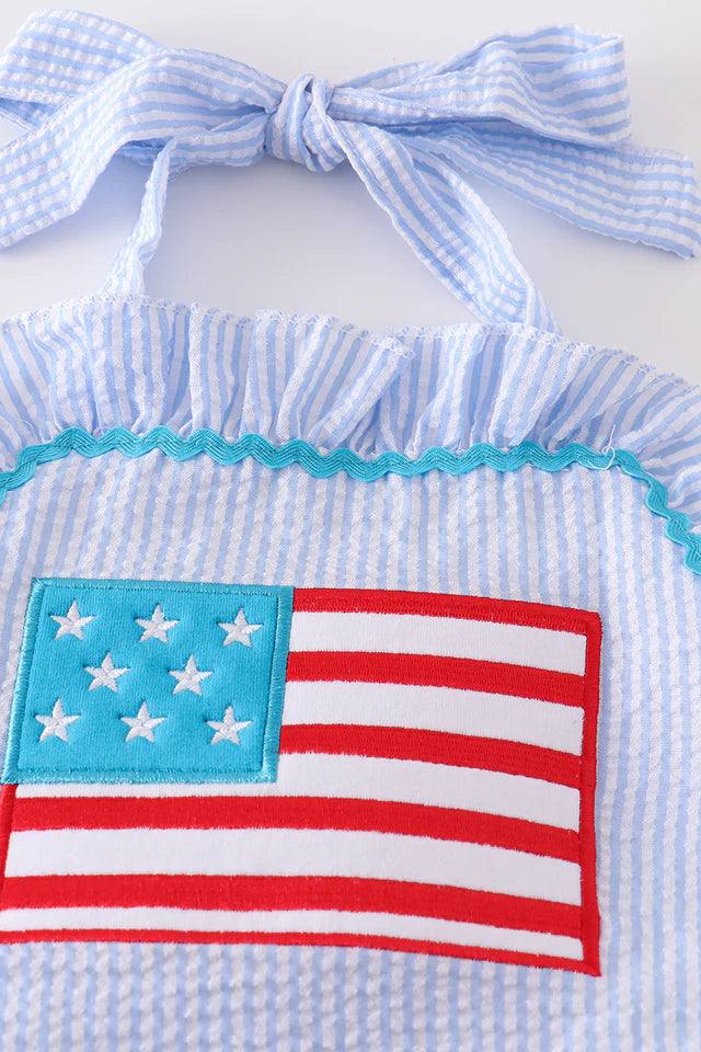 BLUE PATRIOTIC FLAG APPLIQUE SEERSUCKER ONE-PIECE GIRL SWIMSUIT