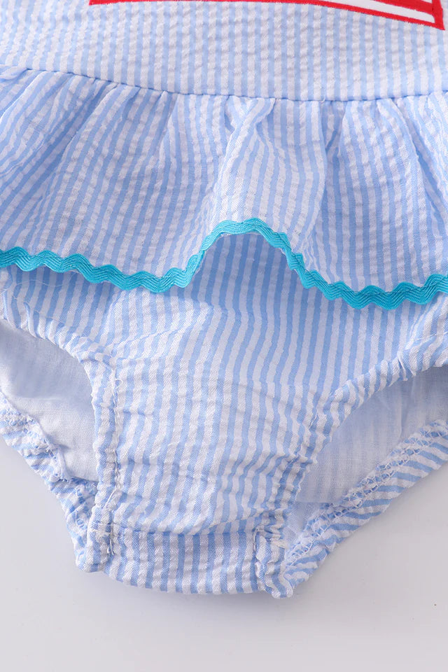 BLUE PATRIOTIC FLAG APPLIQUE SEERSUCKER ONE-PIECE GIRL SWIMSUIT
