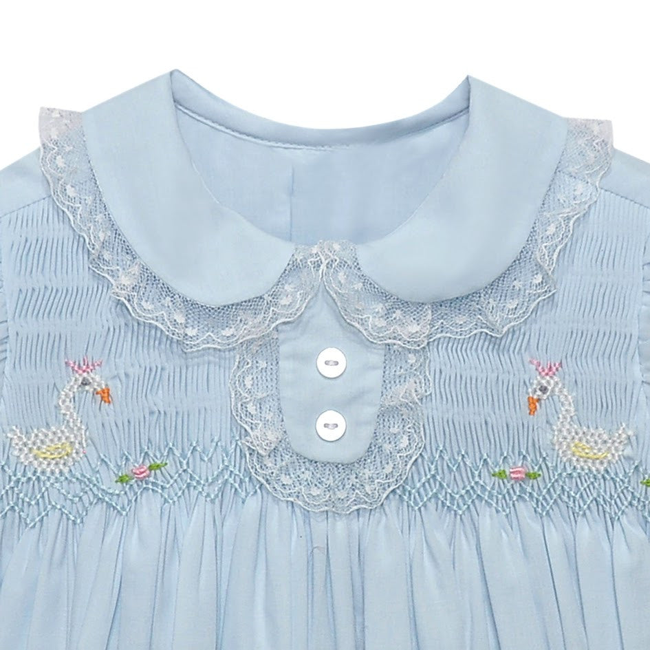 Swan smocked dress with lace trim