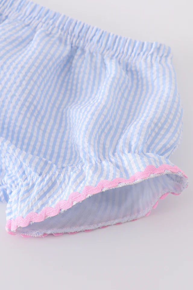 BLUE SEERSUCKER BOW EMBROIDERY BLOOMER SET