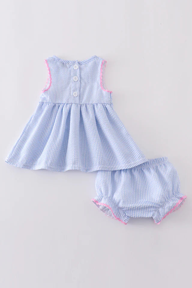 BLUE SEERSUCKER BOW EMBROIDERY BLOOMER SET