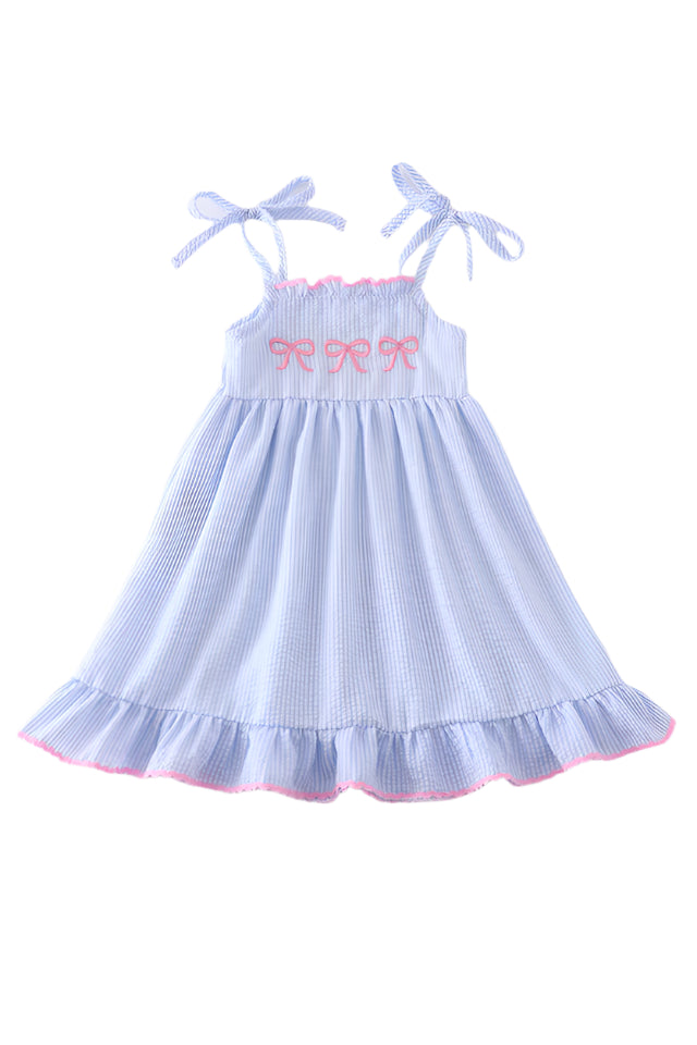 BLUE SEERSUCKER BOW EMBROIDERY DRESS