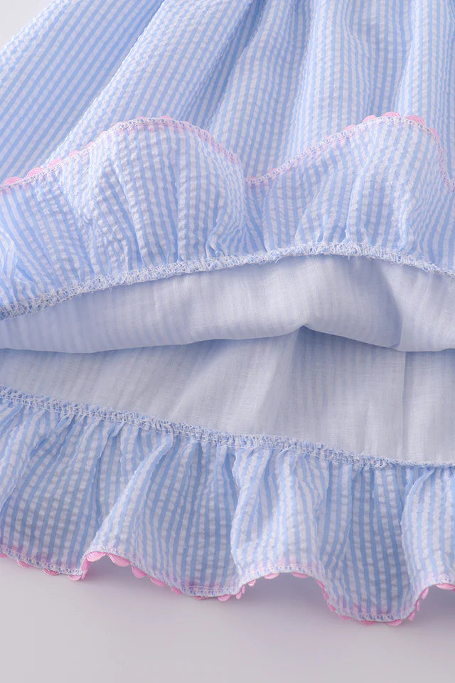 BLUE SEERSUCKER BOW EMBROIDERY DRESS