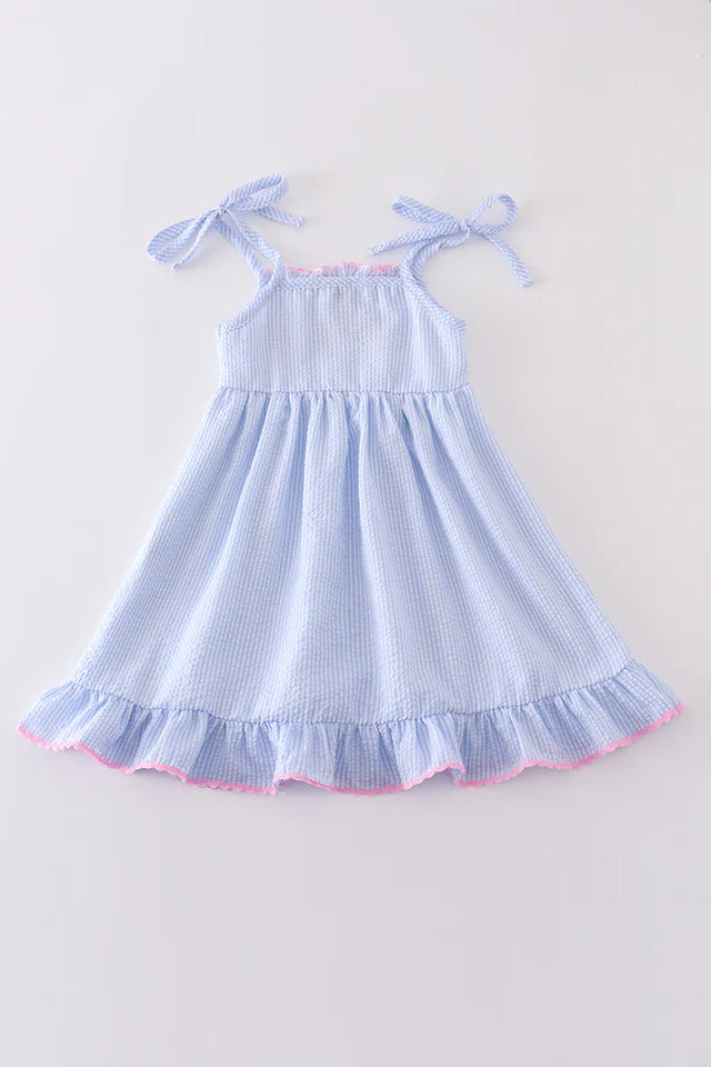 BLUE SEERSUCKER BOW EMBROIDERY DRESS