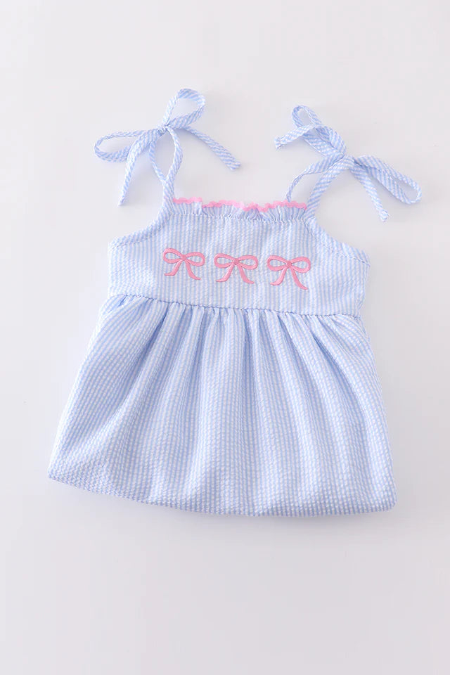 BLUE SEERSUCKER BOW EMBROIDERY DRESS