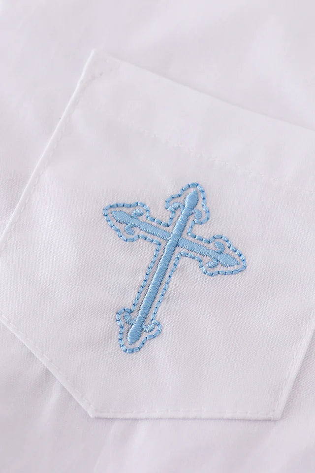 PREMIUM CROSS EMBROIDERY BUTTON DOWN LONG SLEEVE SHIR