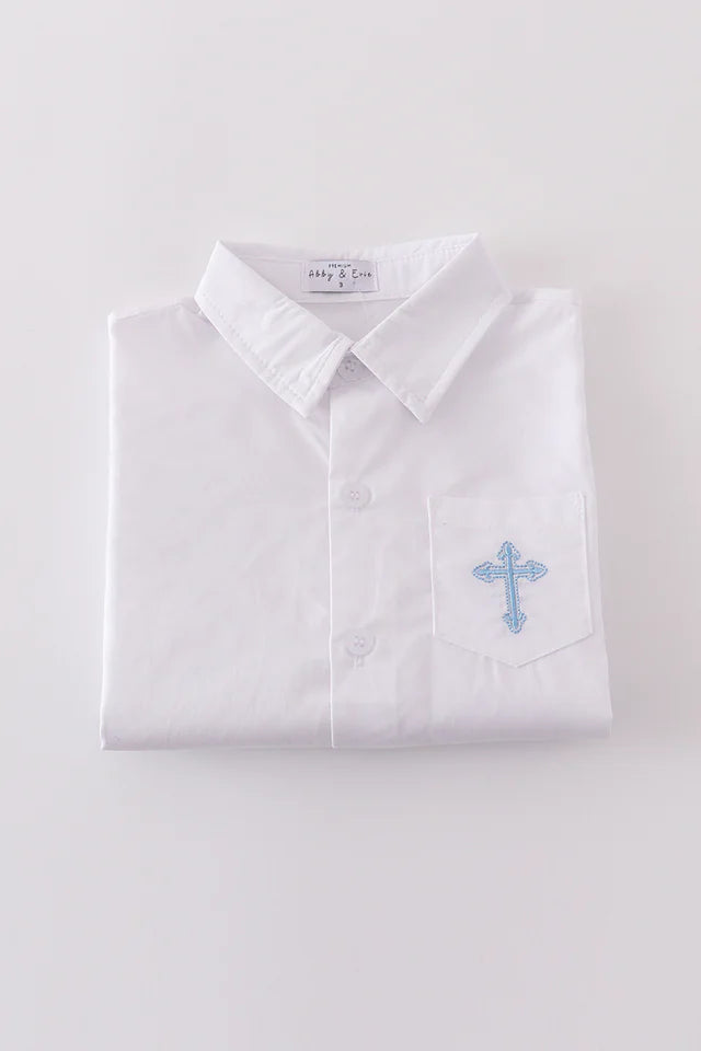 PREMIUM CROSS EMBROIDERY BUTTON DOWN LONG SLEEVE SHIR