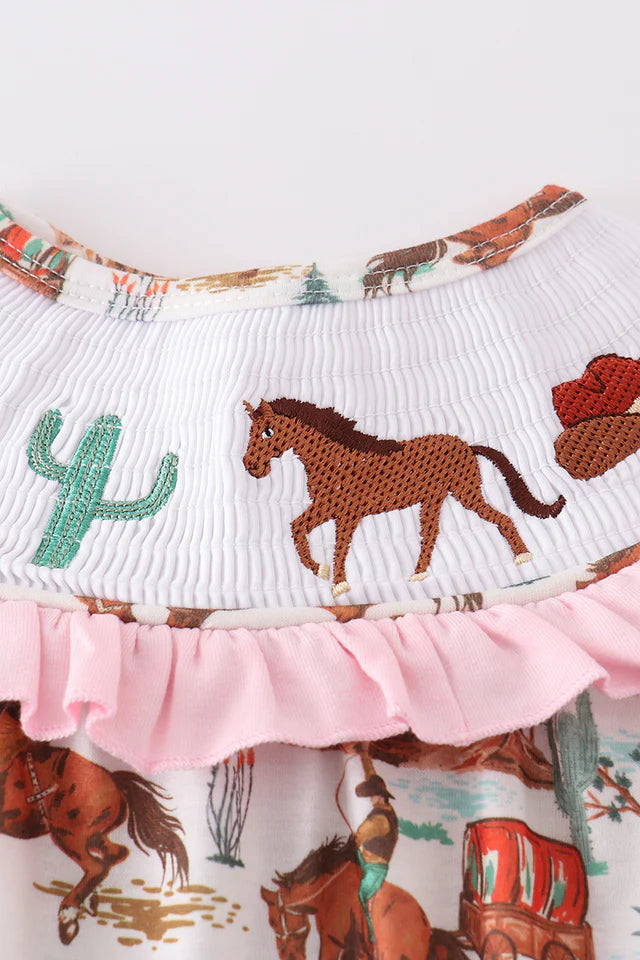PINK WESTERN COWBOY EMBROIDERY SMOCKED BLOOMER SET