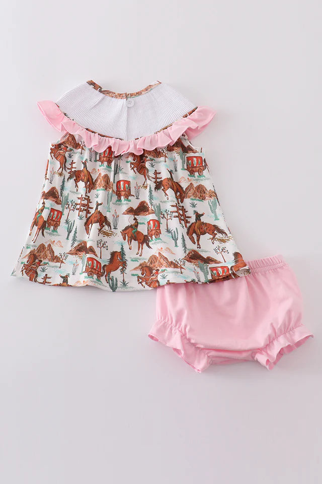 PINK WESTERN COWBOY EMBROIDERY SMOCKED BLOOMER SET