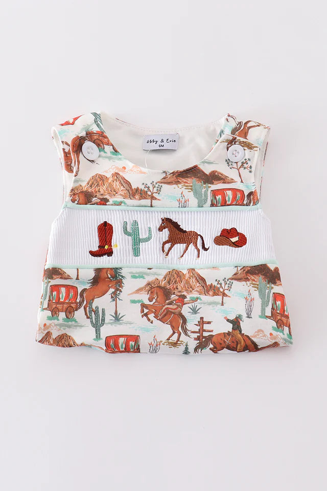 PINK WESTERN COWBOY EMBROIDERY SMOCKED BLOOMER SET