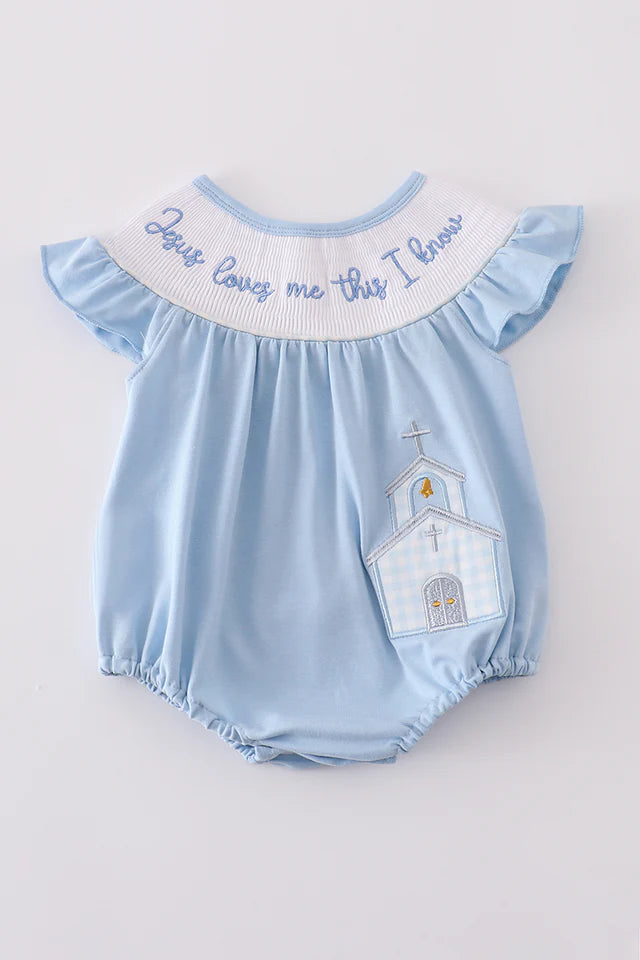 BLUE JESUS LOVES ME THIS I KNOW SMOCKED BUBBLE