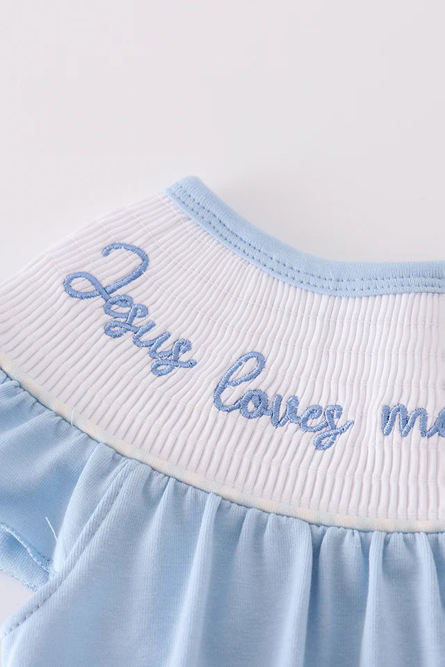 BLUE JESUS LOVES ME THIS I KNOW SMOCKED BUBBLE