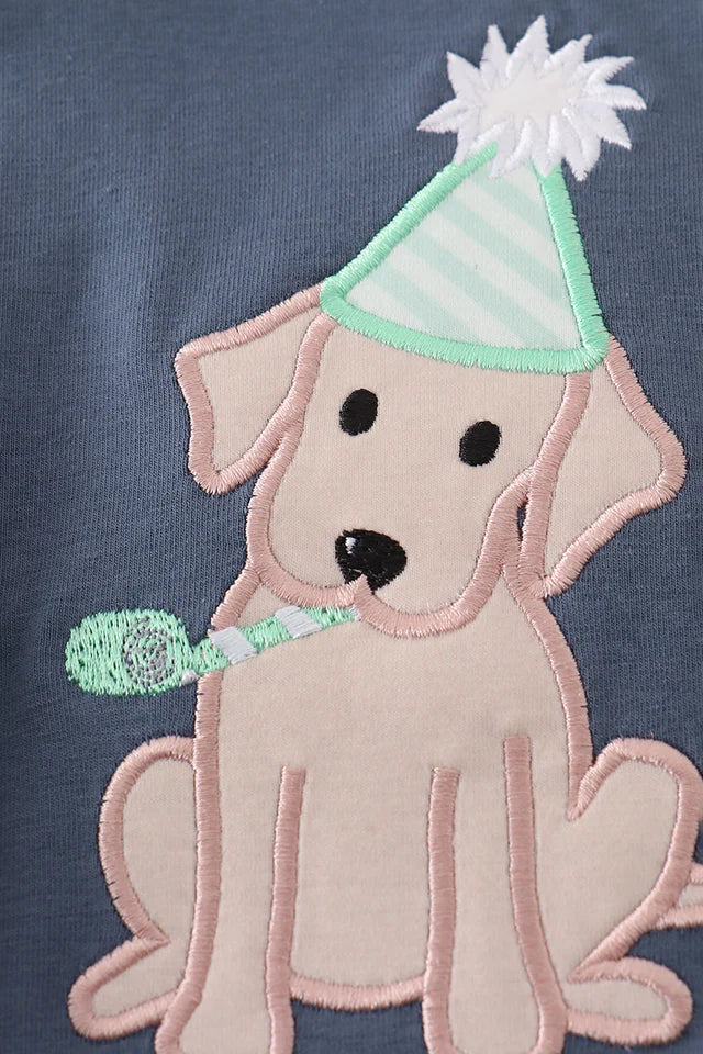 NAVY PUPPY BIRTHDAY APPLIQUE BOY BUBBLE