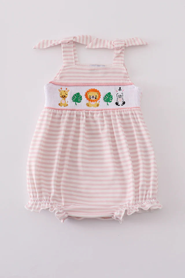 PINK STRIPE ANIMAL EMBROIDERY SMOCKED BUBBLE
