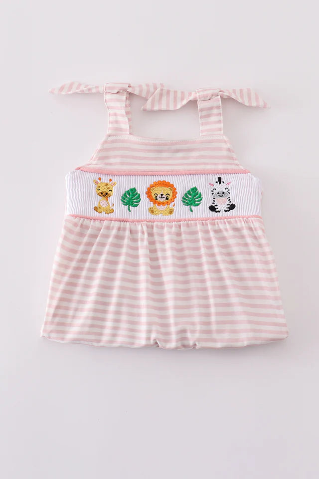 PINK STRIPE ANIMAL EMBROIDERY SMOCKED BUBBLE