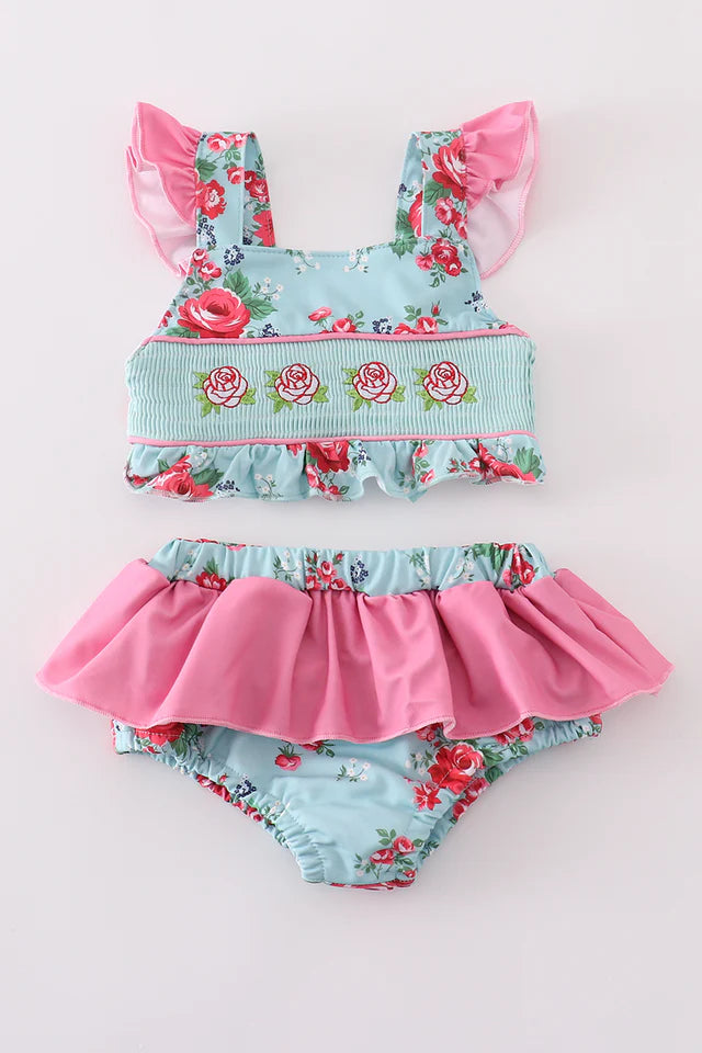 ROSEBUD BLISS PRINT SMOCKED GIRL 2PC SWIMSUIT