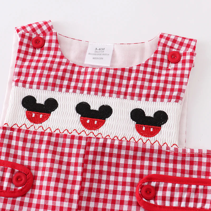Boys Gingham Mickey Embroidered Smocked Romper