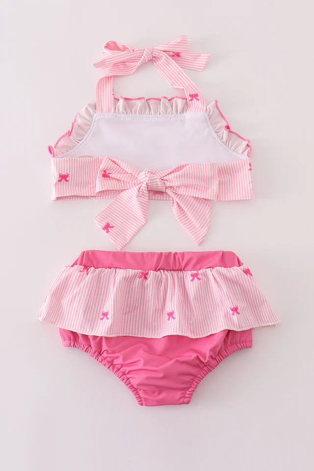 PINK STRIPE BOW EMBROIDERY 2PC SWIMSUIT
