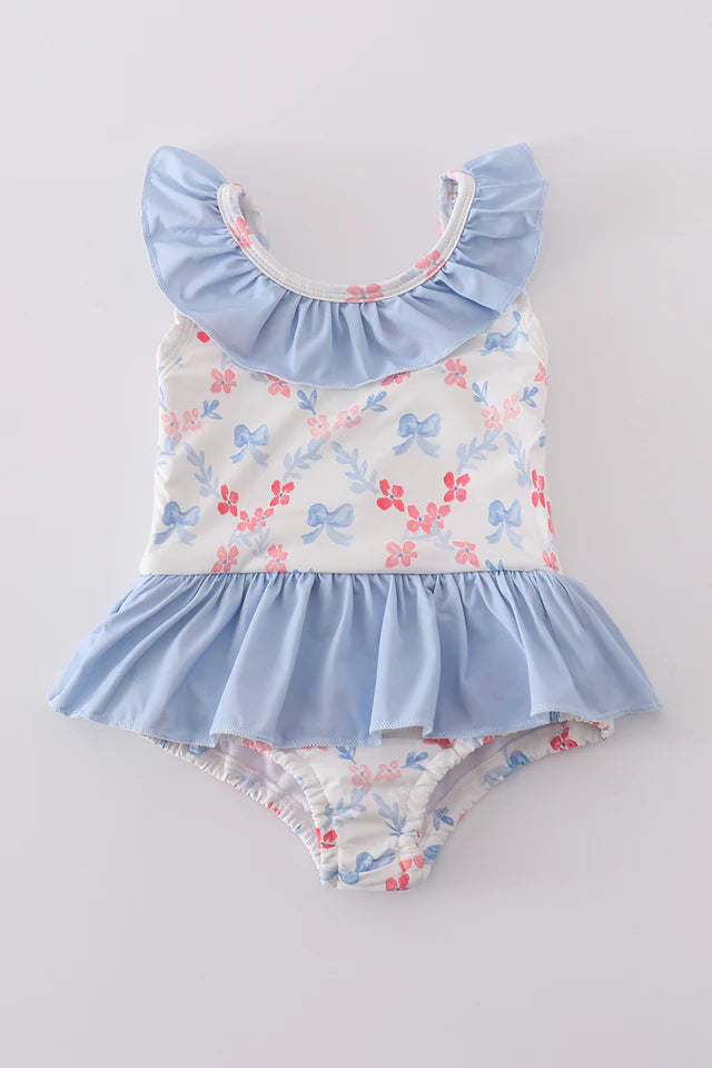 BLUE BOW LATTICE PRINT SWIMSUIT