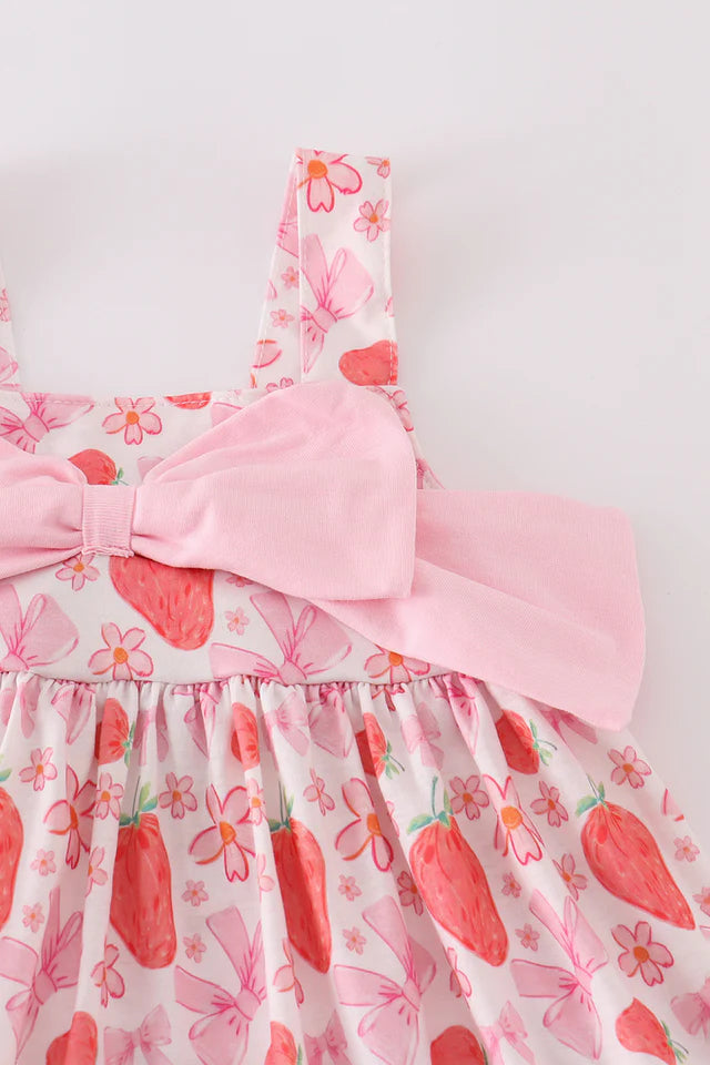 PINK STRAWBERRY PRINT BOW DRESS
