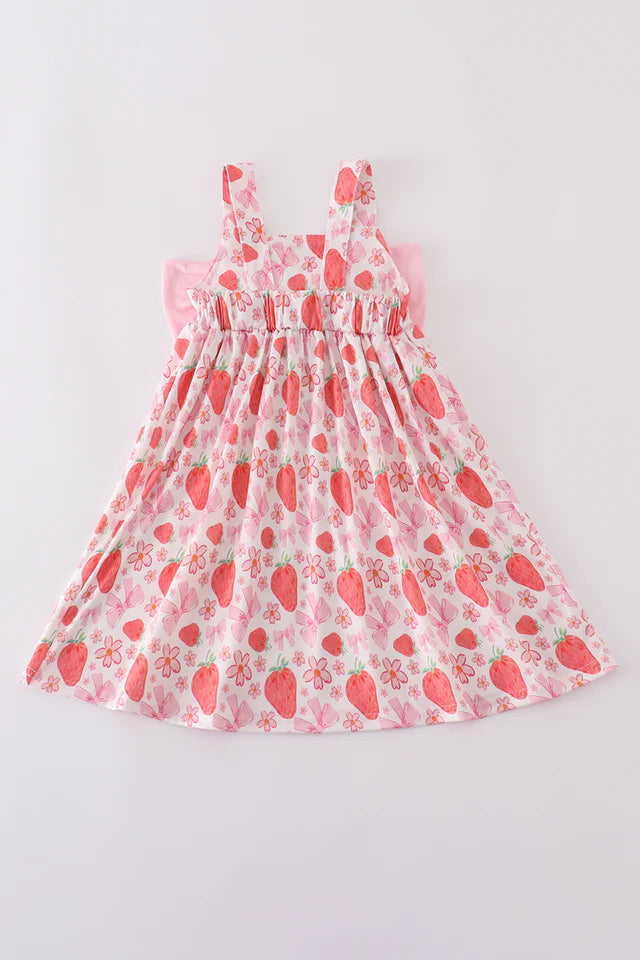 PINK STRAWBERRY PRINT BOW DRESS