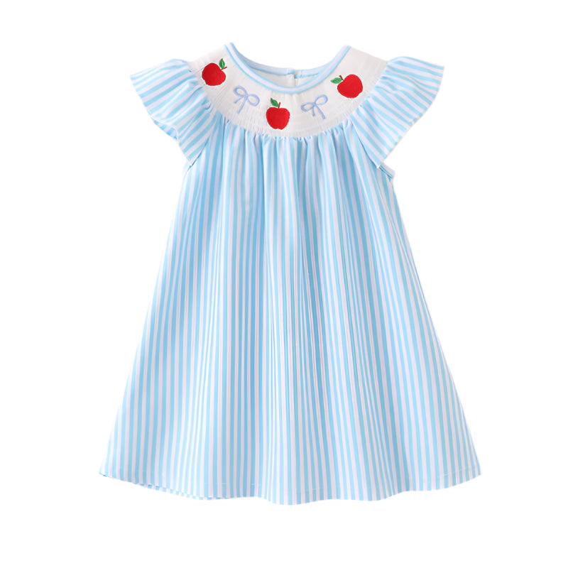 Back To School Stripe Apple Embroidery Smocked Dress