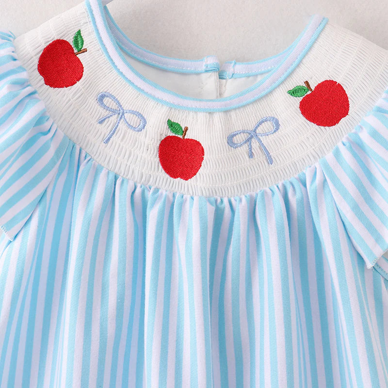 Back To School Stripe Apple Embroidery Smocked Dress