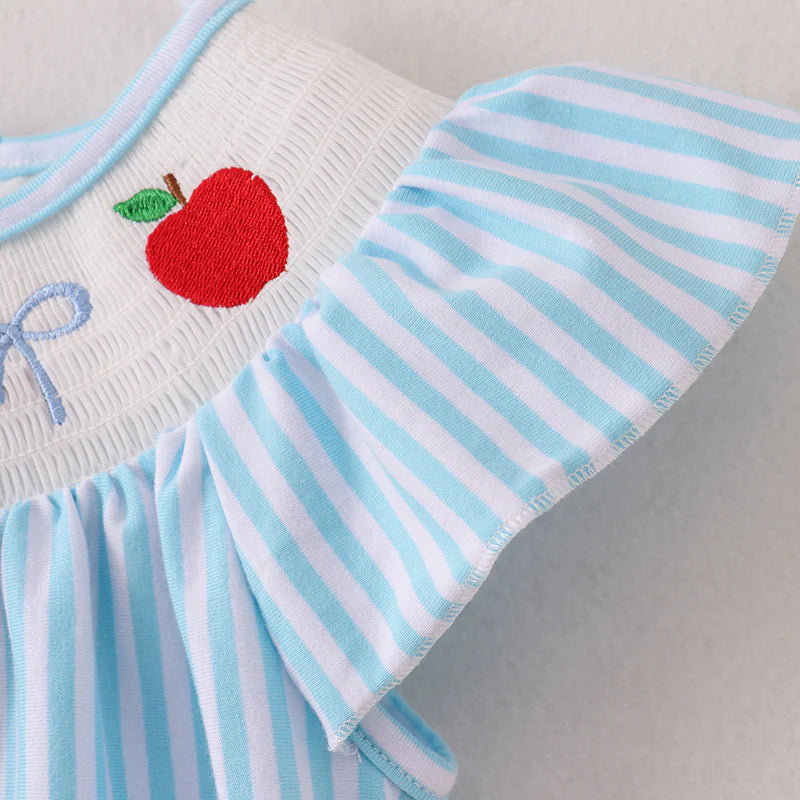 Back To School Stripe Apple Embroidery Smocked Dress