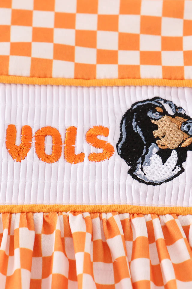 ORANGE TENNESSEE GO VOLS EMBROIDERY SMOCKED CHECKERED DRESS