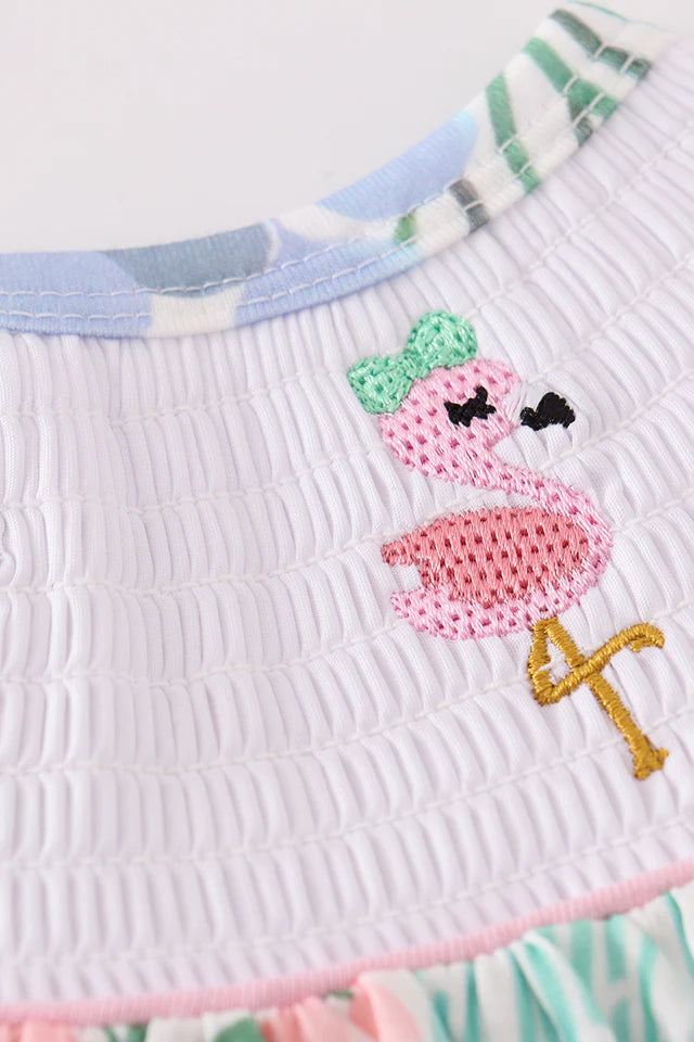 FLORAL FLAMINGO EMBROIDERY SMOCKED BUBBLE