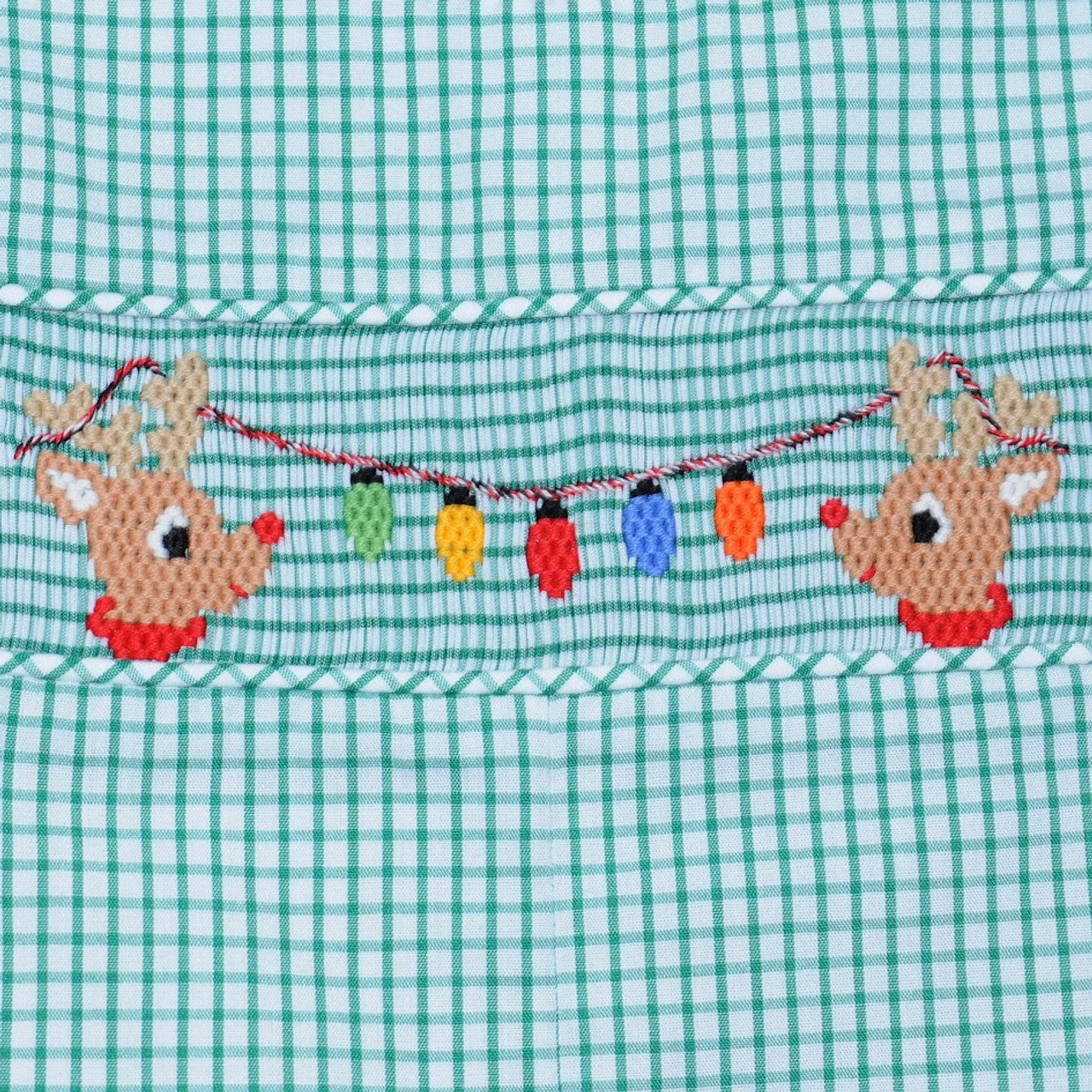 Smocked Reindeer Shortall with Christmas Lights