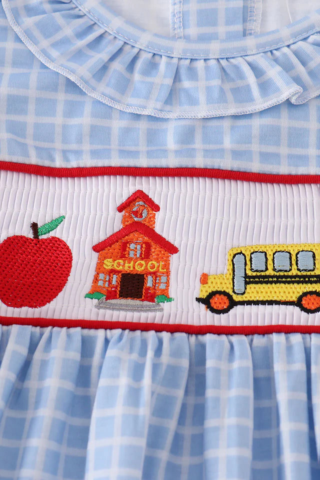 BLUE APPLE BUS EMBROIDERY SMOCKED PLAID DRESS