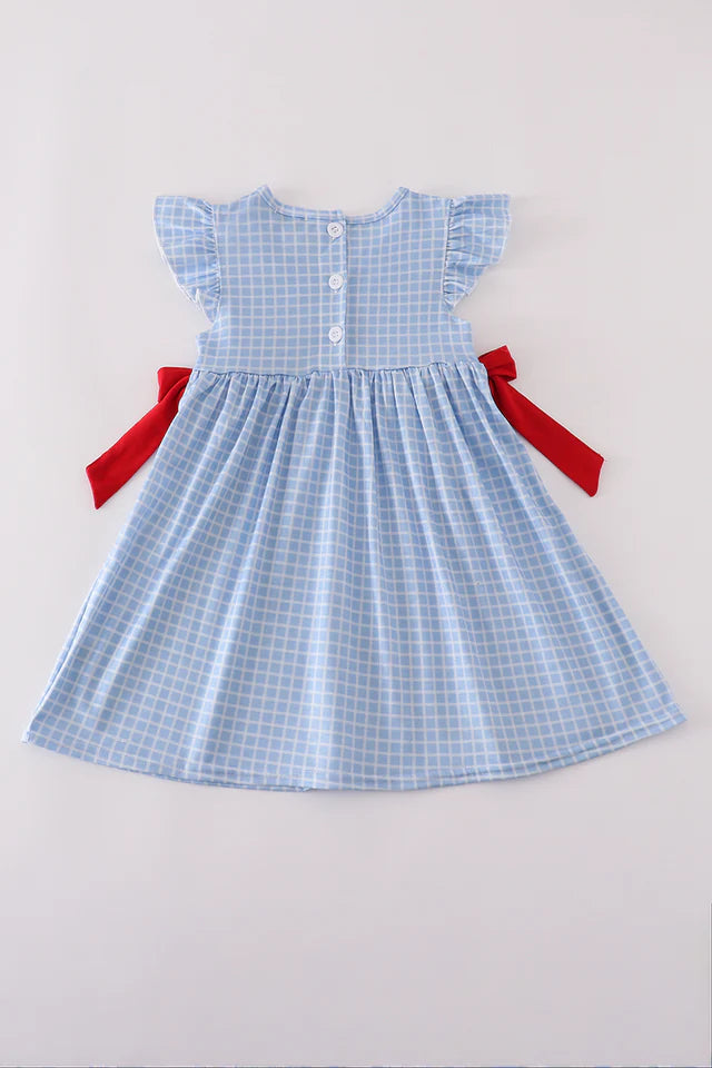 BLUE APPLE BUS EMBROIDERY SMOCKED PLAID DRESS