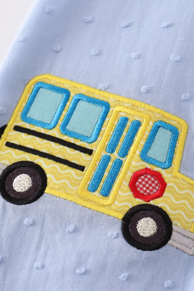 BLUE SWISS DOT BUS APPLE APPLIQUE DRESS