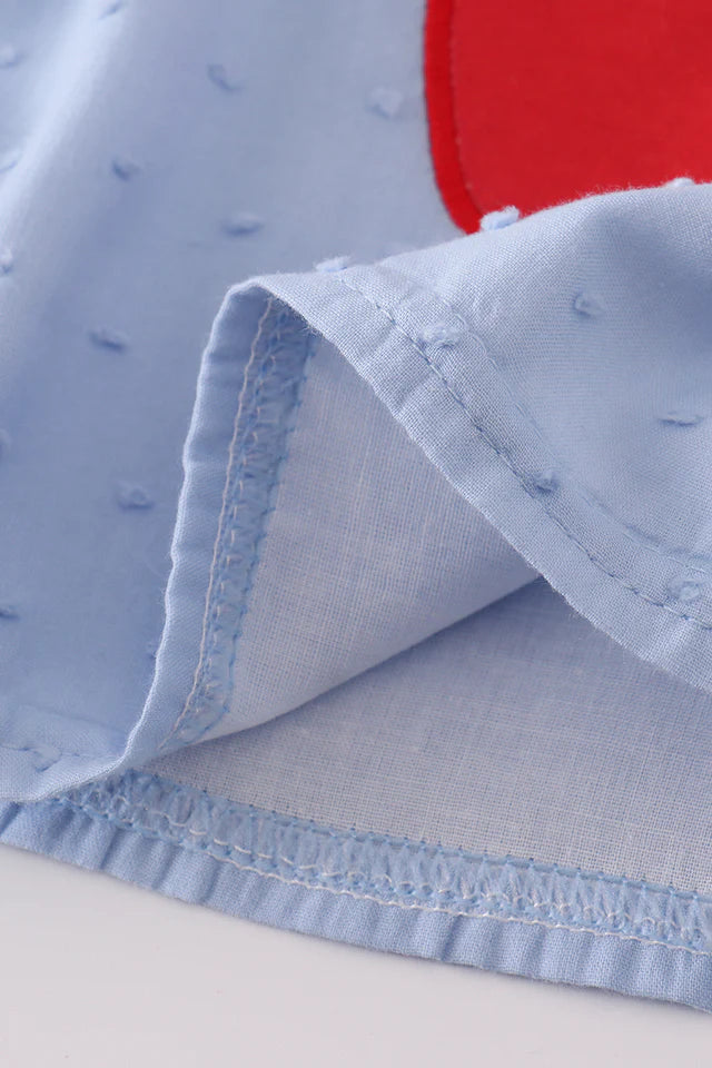 BLUE SWISS DOT BUS APPLE APPLIQUE DRESS