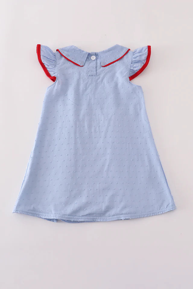 BLUE SWISS DOT BUS APPLE APPLIQUE DRESS