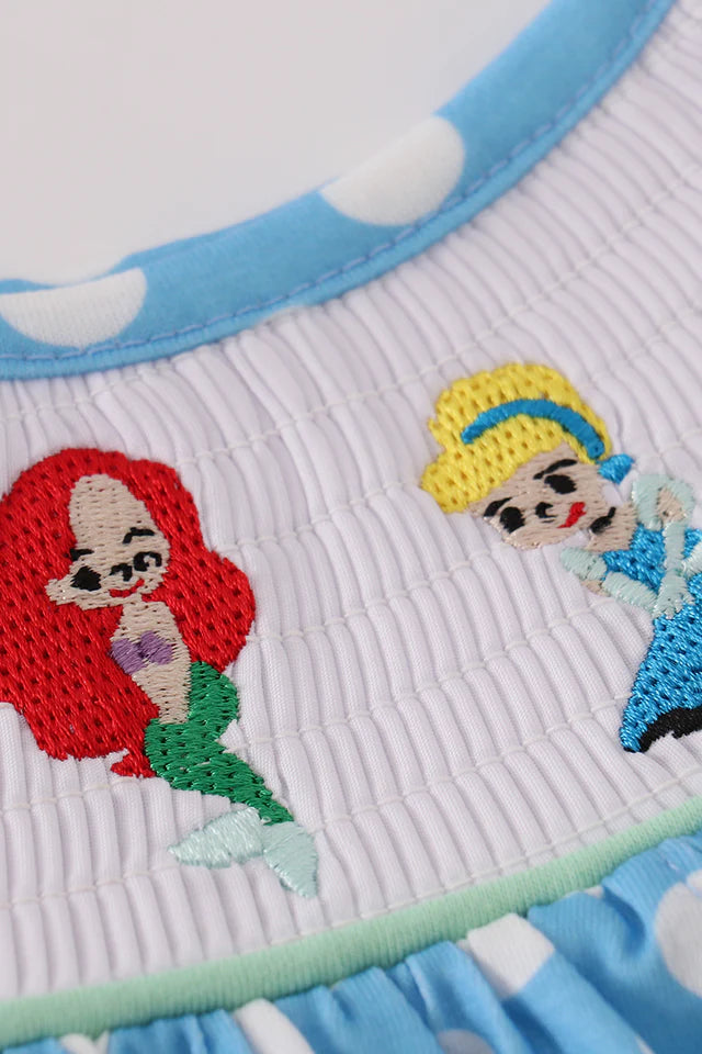 BLUE DOT PRINCESS EMBROIDERY SMOCKED BLOOMER SET