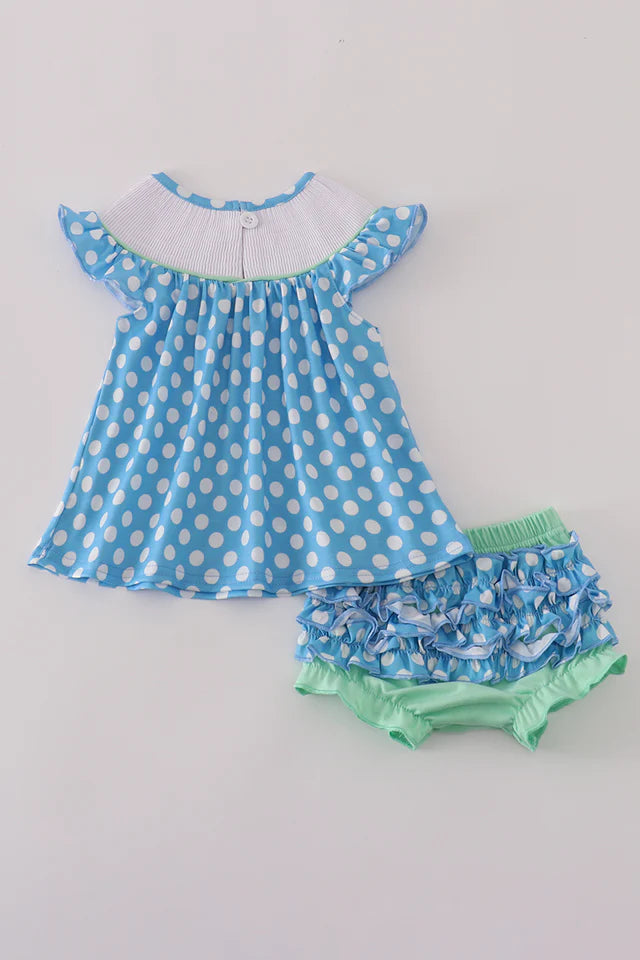 BLUE DOT PRINCESS EMBROIDERY SMOCKED BLOOMER SET
