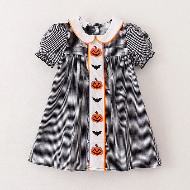 Girls Black Gingham Halloween Embroidery Dress