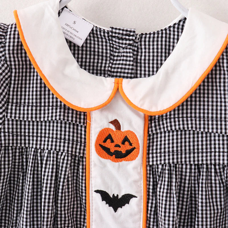 Girls Black Gingham Halloween Embroidery Dress