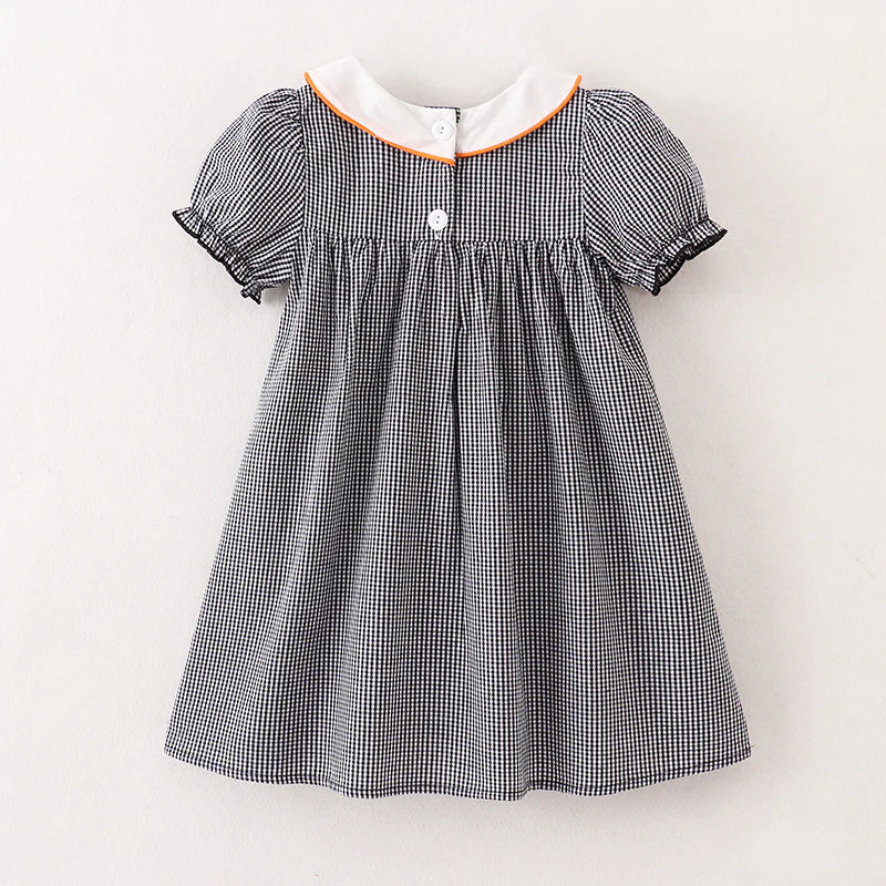 Girls Black Gingham Halloween Embroidery Dress