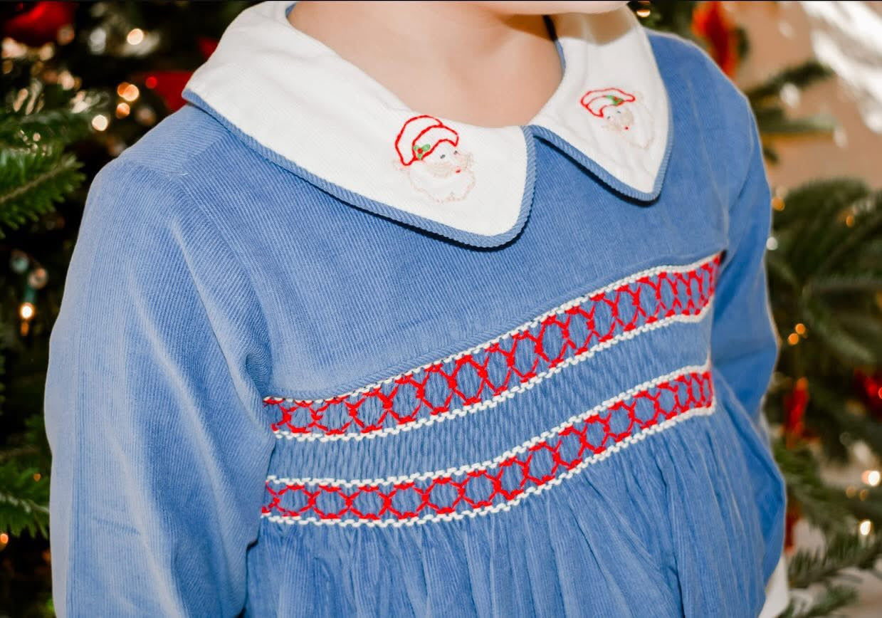 Smocked Santa Romper with embroidered collar