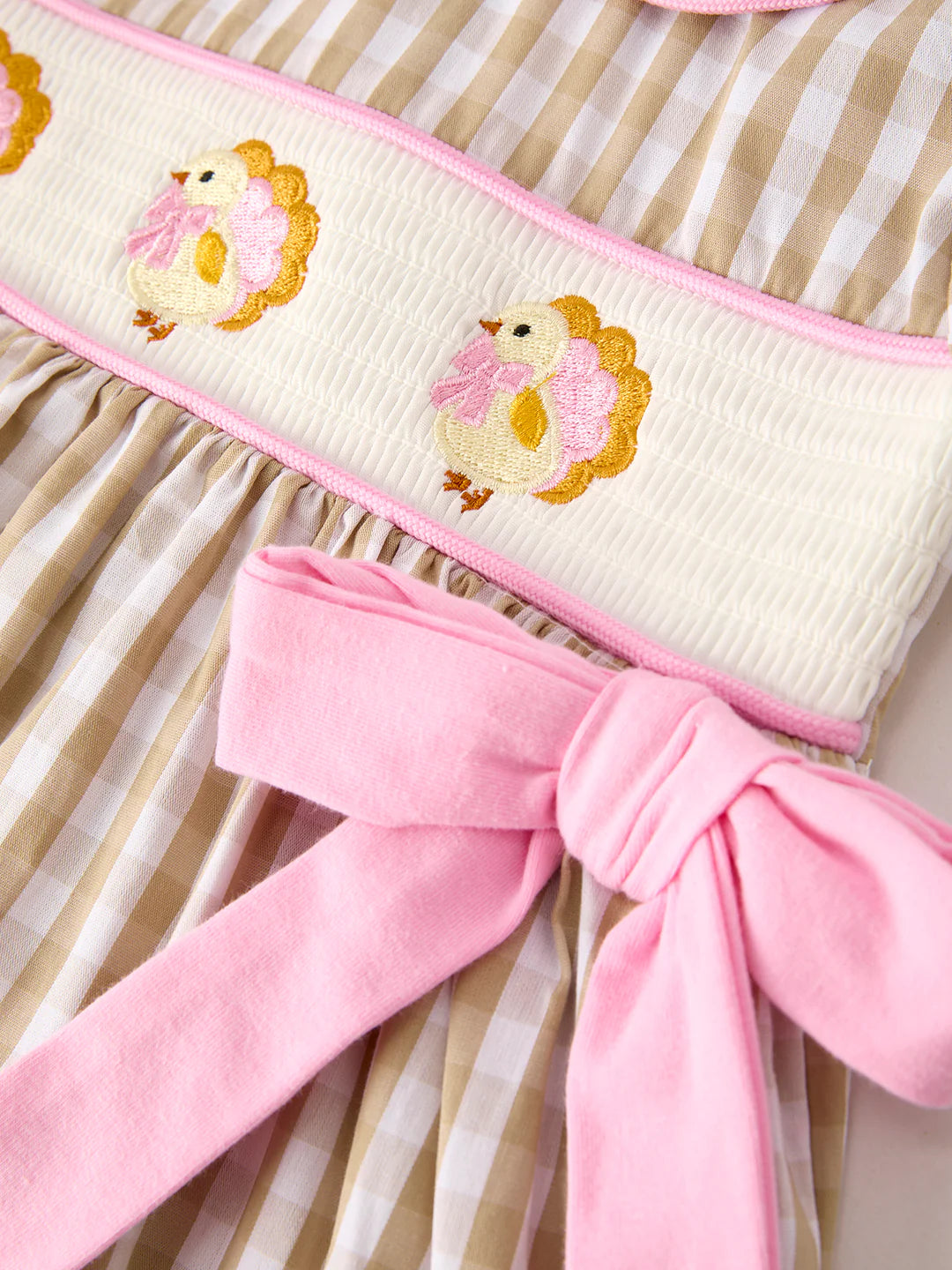 Fall Thanksgiving Lapel Plaid Turkey Embroidery Smocking Bow Baby Girls Dress