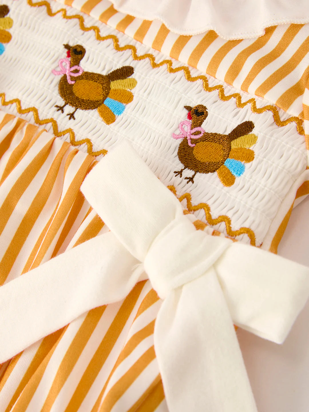 Fall Thanksgiving Turkey Smock Embroidered Orange Stripes Baby Girl Romper