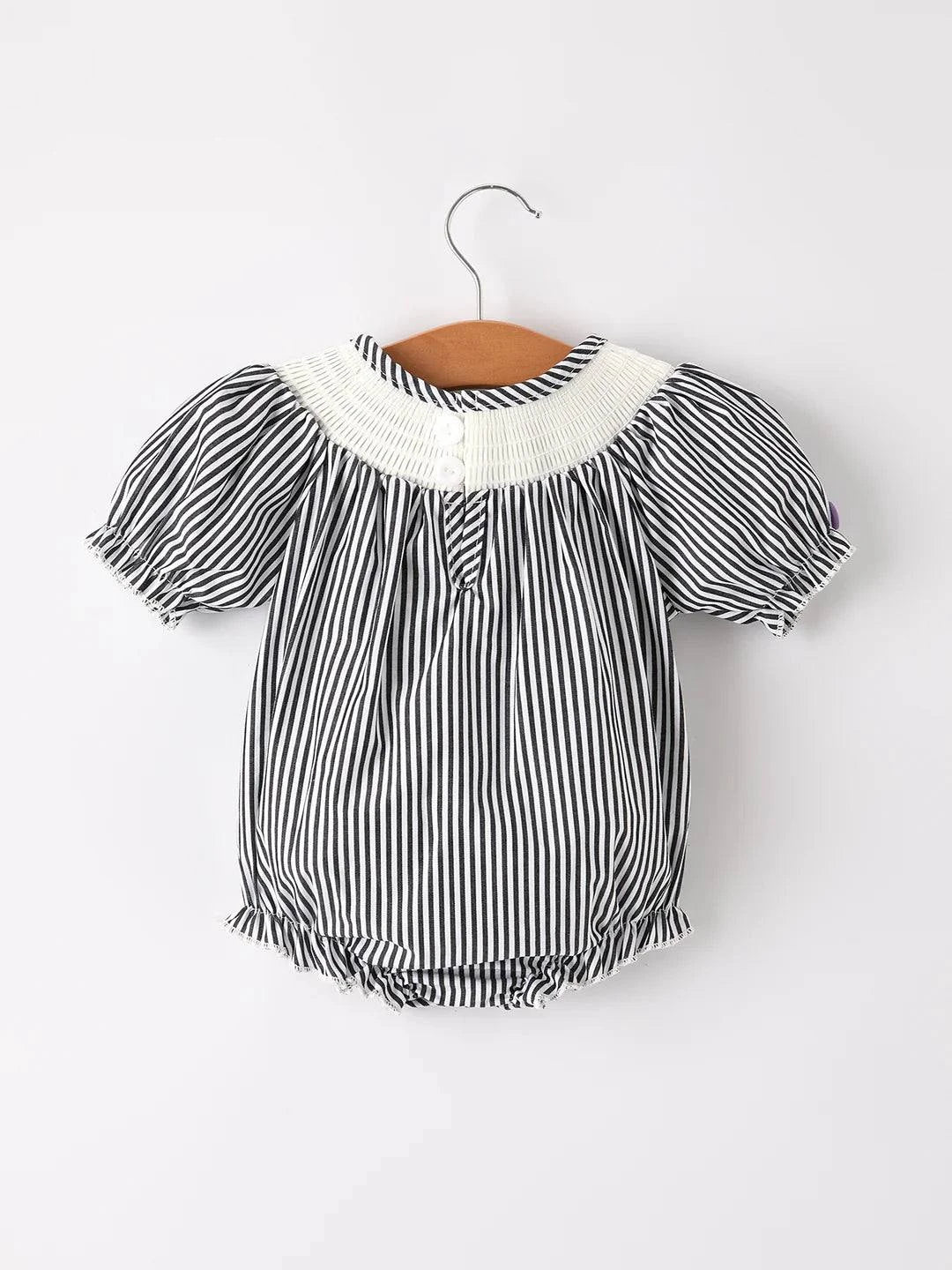 Halloween Striped "Trick Or Treat" Smock Embroidered Baby Girl Romper