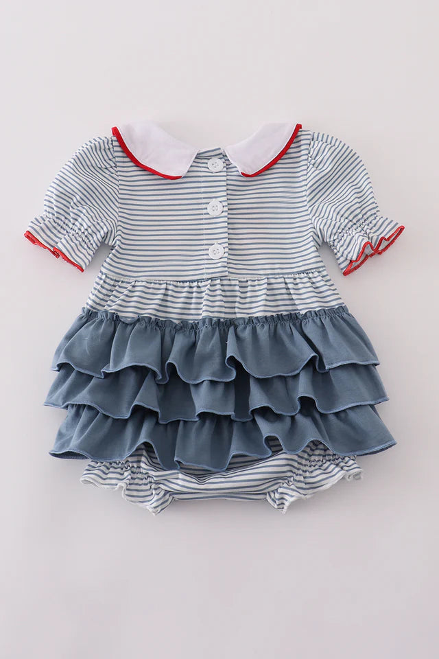 BLUE PRINCESS EMBROIDERY STRIPE RUFFLE BUBBLE