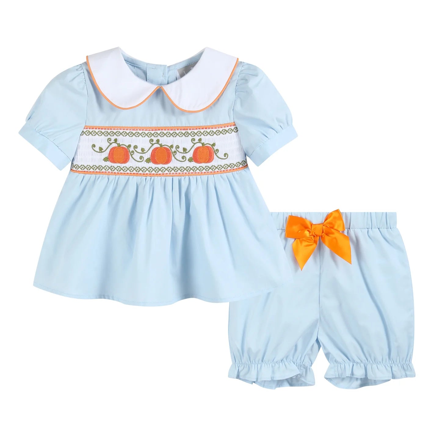 Light Blue Pumpkin Vine Smocked Dress and Bloomers
