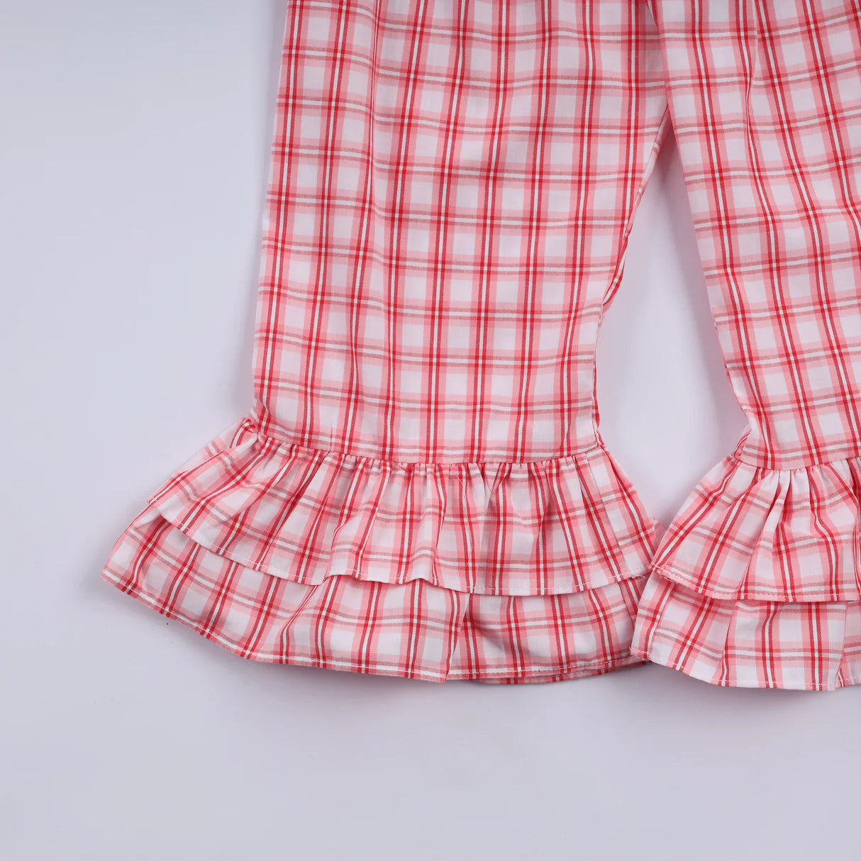 RED CHRISTMAS SANTA CLAUS HAND SMOCKED PLAID RUFFLE PANTS SET